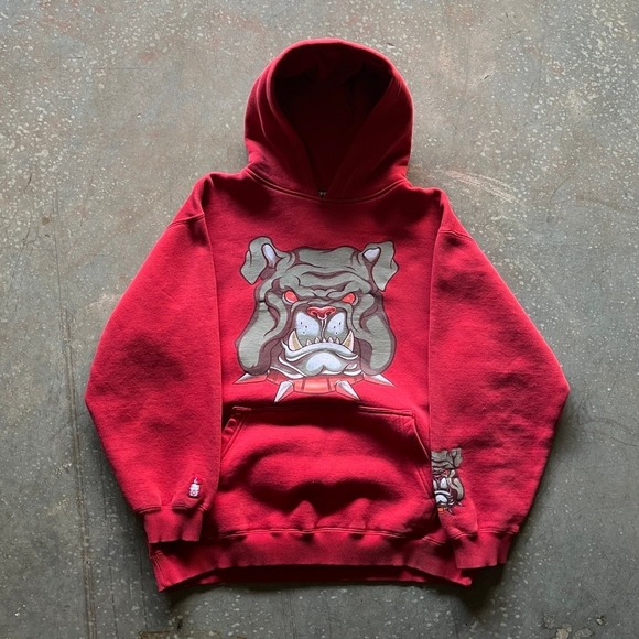 Y2K JNCO JEANS Red Bulldog Graphic Hoodie Pullover Men's Size Large FITS SMALL! - Picture 1 of 9